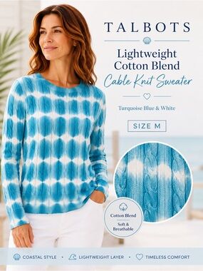 Talbots Lightweight Cotton Blend Cable Knit Sweater M Turquoise Blue